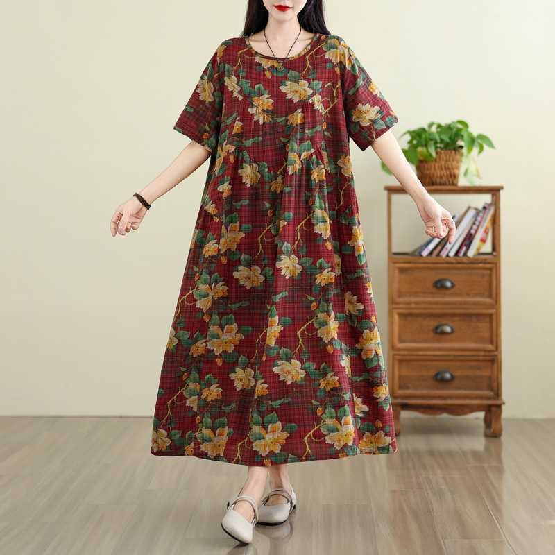

Summer Retro Cotton and Linen Round Neck Short Sleeved Dress, Women s Loose Skirt L