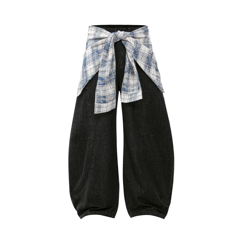 

Acrardic High Street Detachable Plaid Fart Curtain Jeans Men s American Cleanfit Loose Machete Pants Fashion Black X L