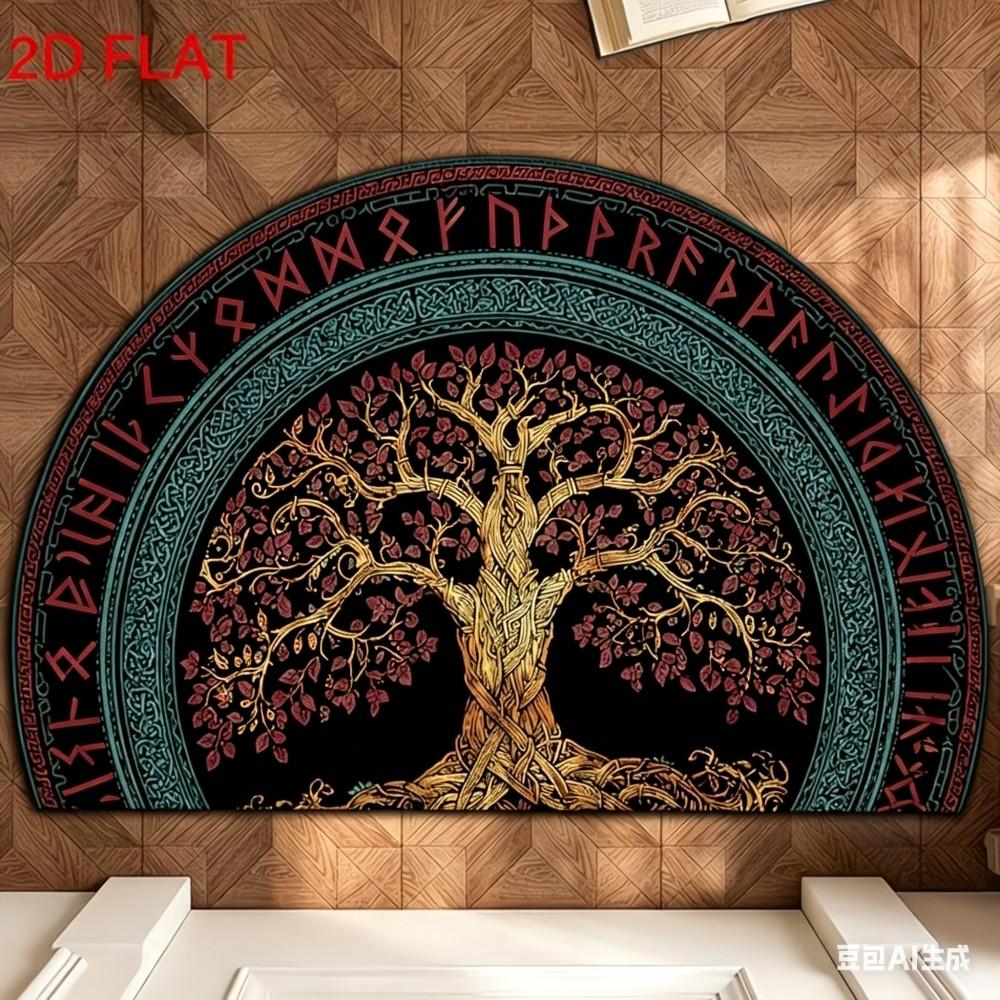 Mystieke Levensboom Halve Ronde Deurmat Antislip Entreekleed Wasbare Halve Cirkel Vloermat voor Voordeur Slaapkamer Decoratie 60x90cm-Felt