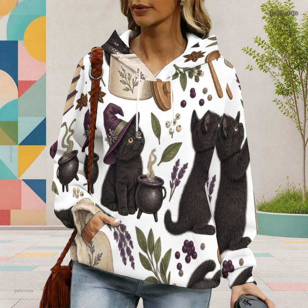Women Plus Size Long Sleeve Drawstring Hoodie Cute Cartoon Bat Print White Kangaroo Pocket Pullover