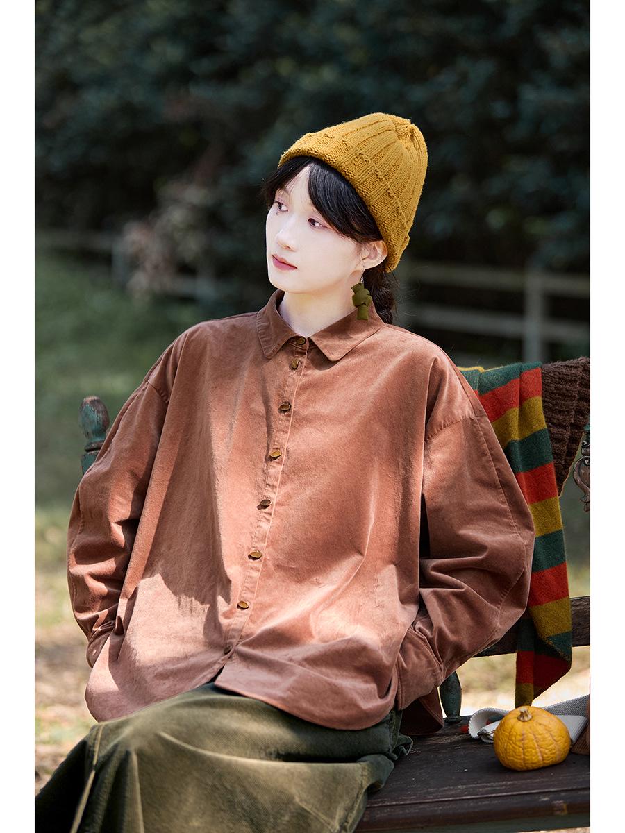 Женская ретро-рубашка из верблюжьего коричневого велюра, глянцевая, с круглым вырезом L