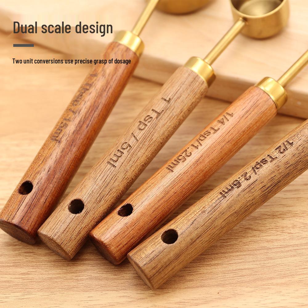 Gold Stainless Steel Measuring Cups & Spoons Set with Acacia Wood Handles - 8-Piece Baking Tool Set