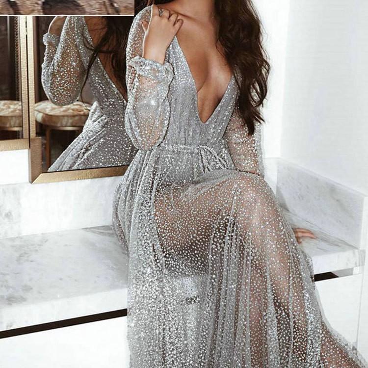 Vestido Largo de Mujer con Lentejuelas Doradas, Cuello en V Profundo, Manga Larga, Espalda Descubierta, Malla Transparente, Cintura con Lazo de Flecos, Elegante para Noche, Cóctel, Invitado a Boda, Formal, Vestido de Graduación