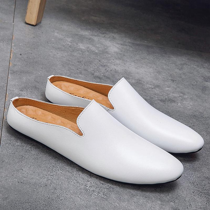 Half Shoes For Men High Quality Leather 2022 Newest Fashion Outdoor Men Slippers Brand Designer Italian Mens Casual Shoes White