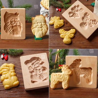 Wooden Cookie Molds for Christmas DIY 3D Engraved Embossed Biscuit Gingerbread Cutter Moulds Xmas Tree Santa Claus Cookie Cutter