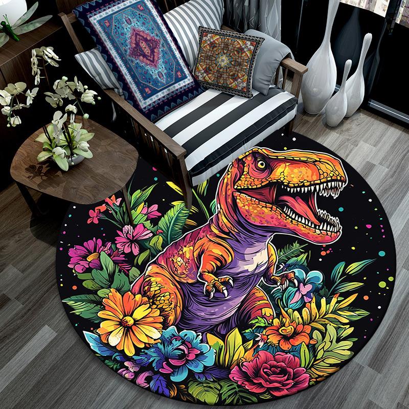 Colorful Dinosaur Round Area Rug,Carpet Rug for Living Room Bedroom Sofa Playroom Decor,Non-slip Floor Mat