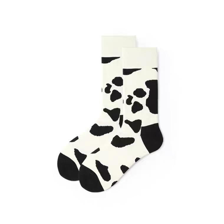 Cute Korean Style Black and White Cow Pattern Women's Mid-Tube Cotton Socks - Harajuku Fashion Trend.