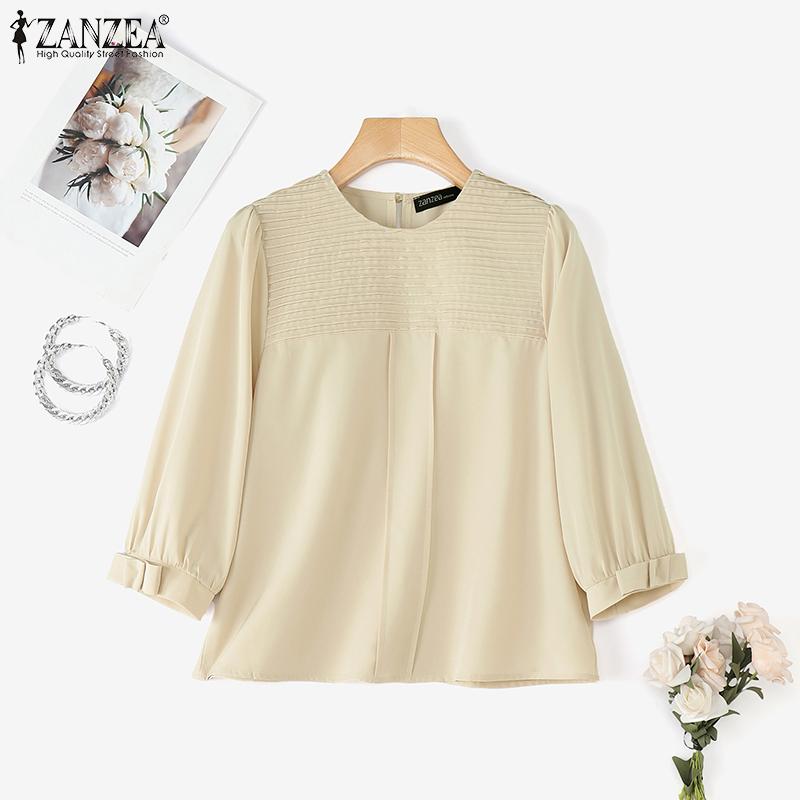 ZANZEA Blusa Casual de Manga 3/4 y Cuello Redondo Holgada para Mujer