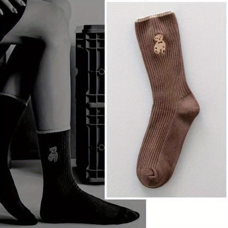 5 Pairs Women's Mid-Calf Socks - Cute Cartoon Bear Design, Soft All-Season Comfort, Coffee & Beige Striped Pattern, Comfortable Sock Material