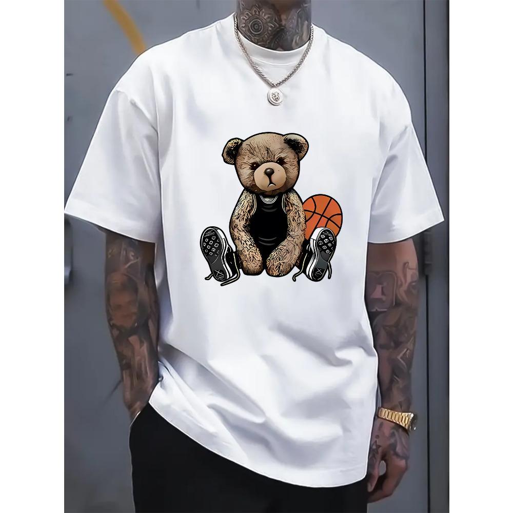 Men's Summer Fashionable and Fun Basketball Bear Print Comfortable and Breathable Round Neck T-shirt Outdoor Casual Top