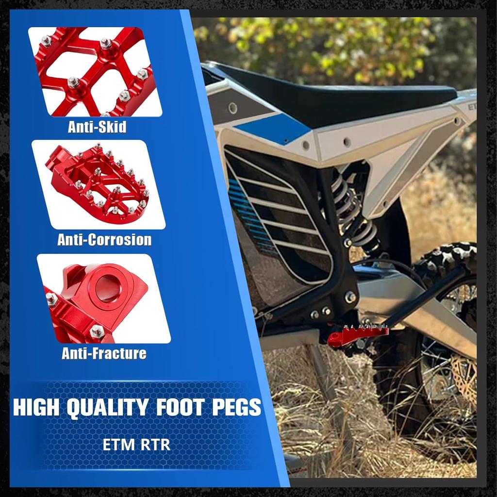 Electric Dirt Bike Foot Pegs CNC for ETM RTR/Lite Red, 7075-T7 Aluminum Alloy | Wider Anti-Skid Platform | Anodized Finish | Direct Fit | Easy