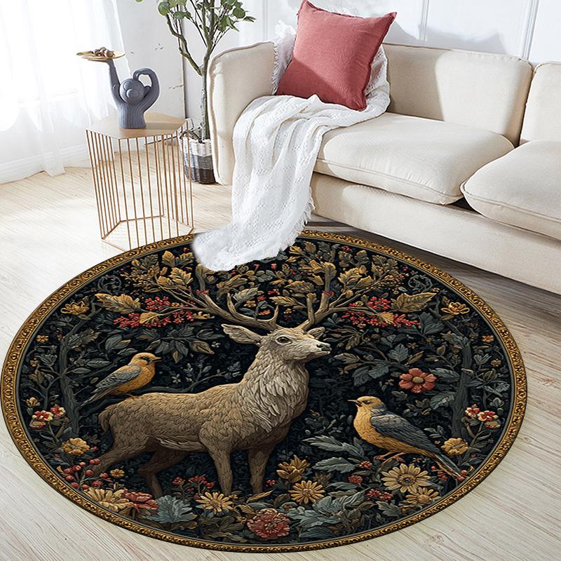 Deer in the Garden Round Area Rug,Carpet Rug for Living Room Bedroom Sofa Playroom Decor,Non-slip Floor Mat