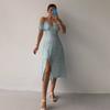 2023 Women’s Off Shoulder Frilly Suspender Split Mid-length Dress Party Summer Ladies Short Sleeve V-neck Dress Floarl A-Line