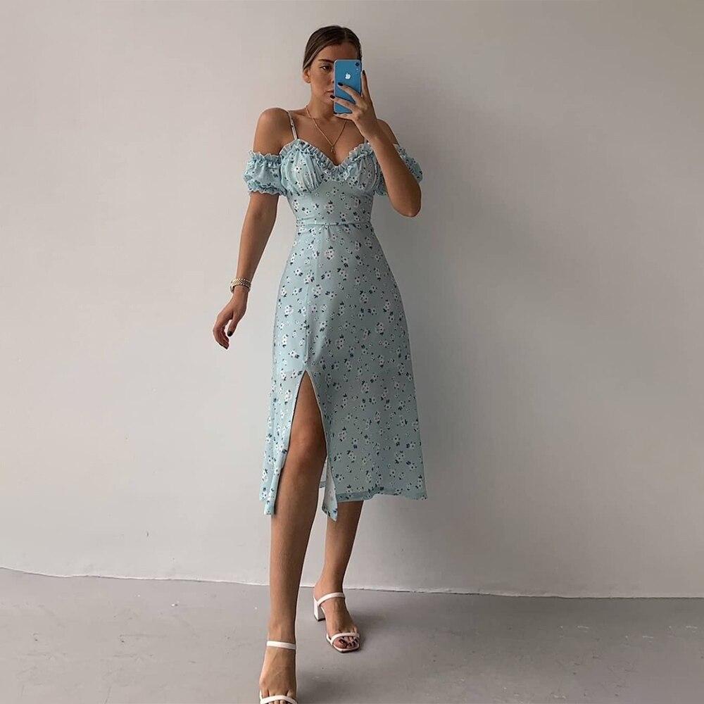 2023 Women’s Off Shoulder Frilly Suspender Split Mid-length Dress Party Summer Ladies Short Sleeve V-neck Dress Floarl A-Line