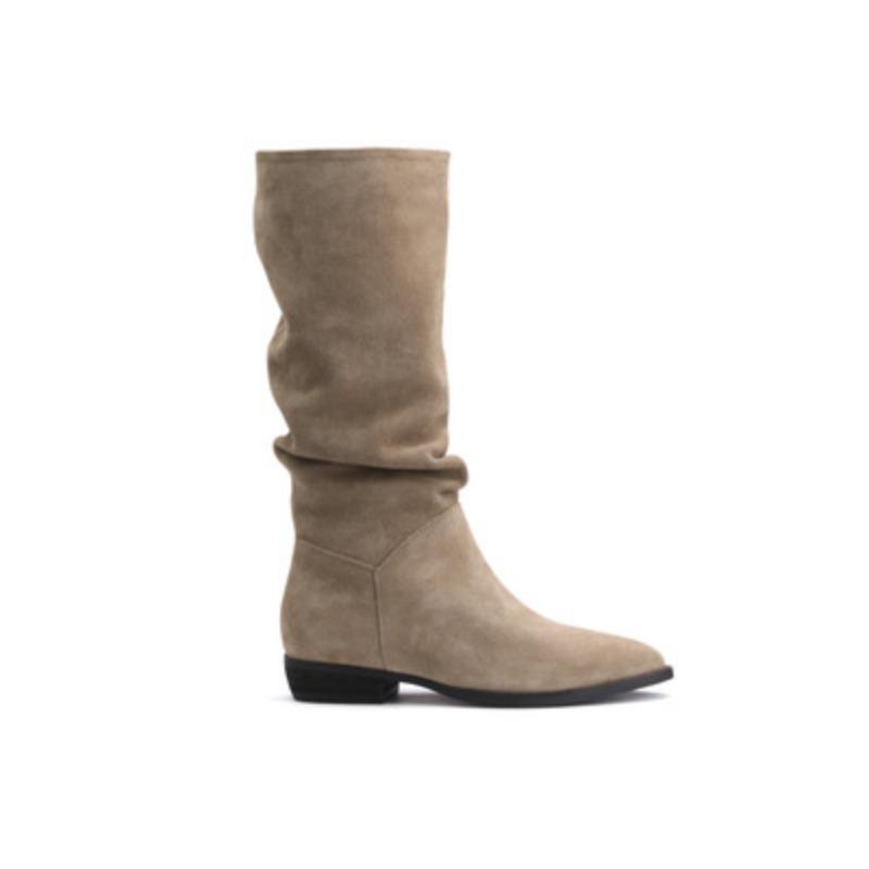 Cowhide version retro pointed head thick heel western cowboy boots women's medium tube thin boots pleated thin knight boots