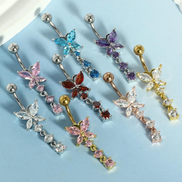 Damen Edelstahl Sexy Strand Schmetterling Zirkon Anhänger Perforierte Bauchnabelringe 10mm Vergoldet Drittanbieter-Zertifiziert Trendig