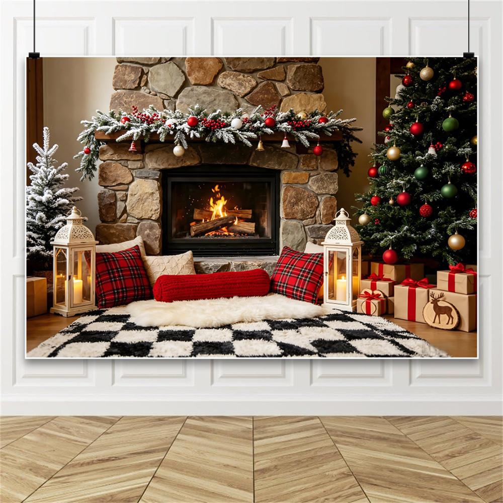 Christmas Fireplace Photography Backdrop for Kids Family Portrait Home Decoration Red Socks Wreath Xmas Tree Gifts Background