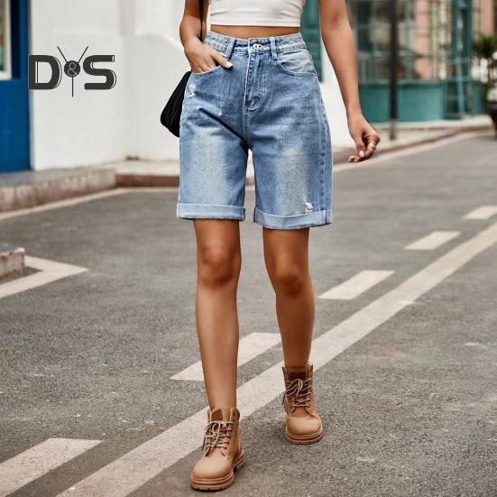 Καλοκαιρινά Γυναικεία Τζιν Σορτς Μήκους Μέχρι το Γόνατο Με Μέση που Φτάνει Μέχρι τη Μέση Ελαστικά Καθημερινά Φαρδιά Ίσια Πόδια Ξεβαμμένα με Μανσέτες Τζιν Σορτς Παντελόνια με Τσέπες