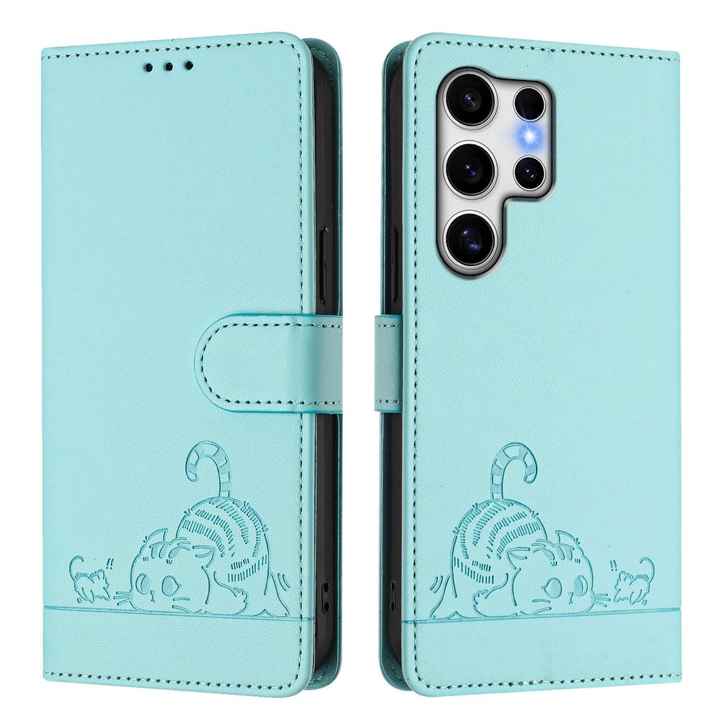 For Samsung Galaxy S25 Ultra Case with Strap RFID Blocking Leather Wallet Phone Cover Cat Mouse Pattern