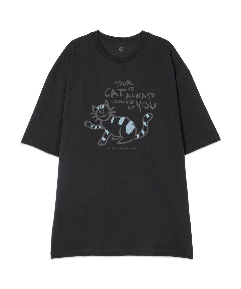 Astral Projection [Oversized] Doodle Cat 13-Count Cotton Round Neck Short Sleeve T-Shirt_Charcoal L