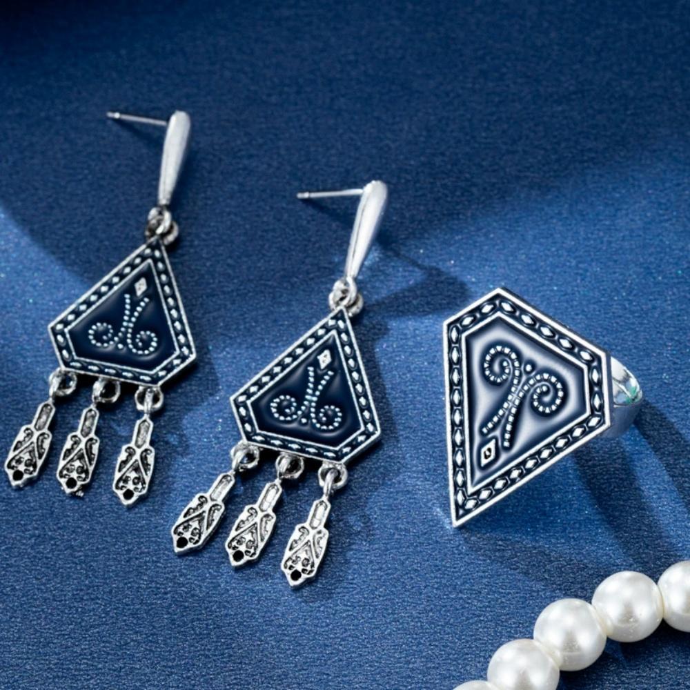 New Geometric Triangle Patterned Tassel Earrings Rings Unique Trend Retro Light Luxury Versatile Nomadic Ethnic Jewelry Gifts