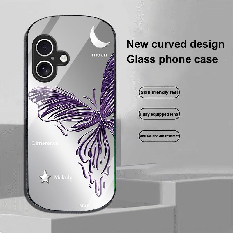 Metallic Butterfly For Apple IPhone 16 11 13 15 14 Pro Max 12 Mini 7 8 Plus XR X XS Elliptical Shaped Tempered Glass Phone Case