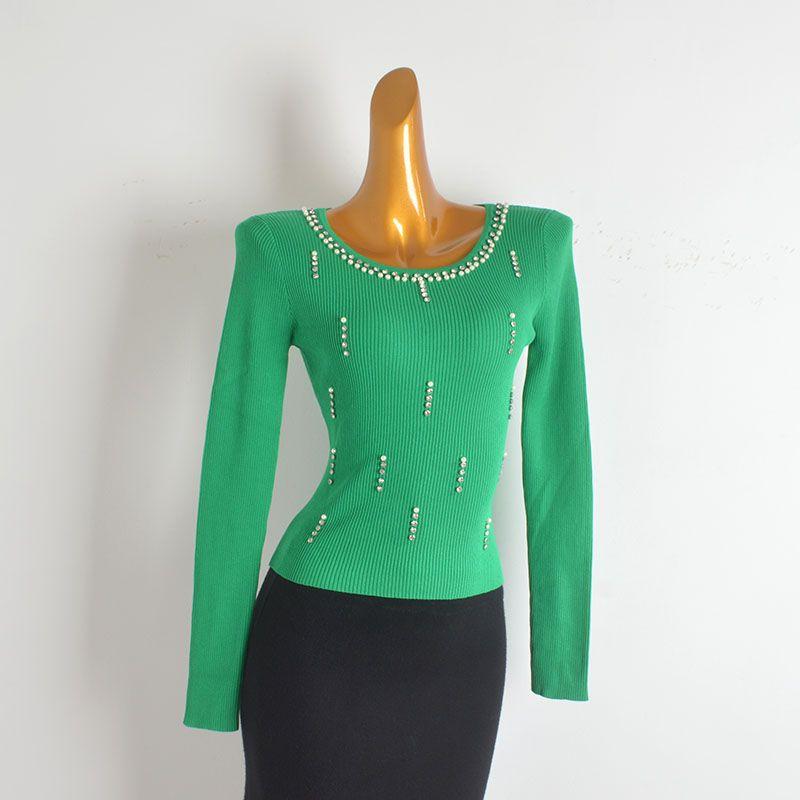 Stylish Heavy Industry Beads Diamond Round Neck Knitwear Women's Spring and Autumn Outer Wear Sexy Silm Slim Looking Bottoming Shirt Tops