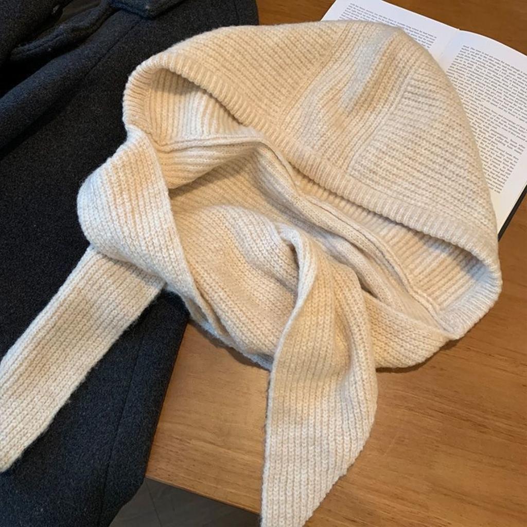 Red Hat Women's Autumn/Winter Warm Knitted Hat Scarf One Piece Hooded Neck Knitted Hat Winter