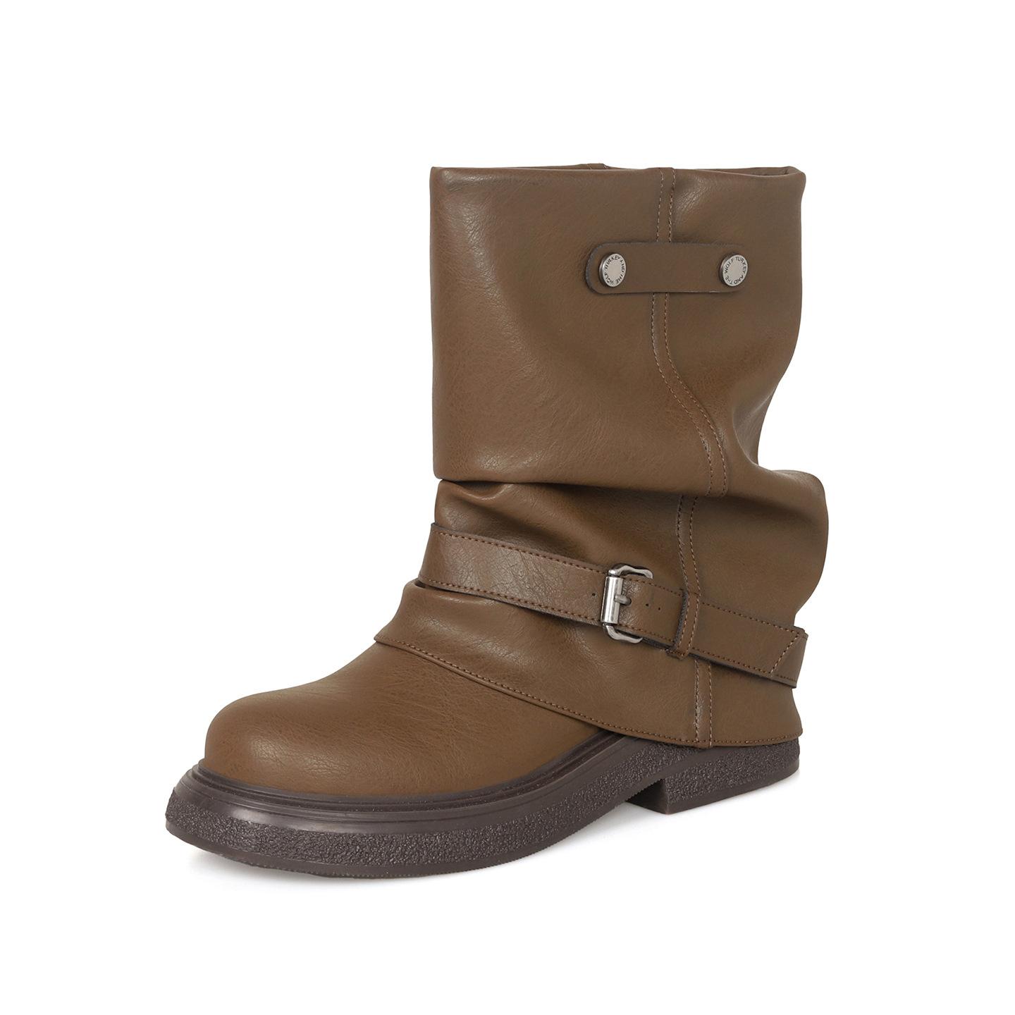 

Wasteland Western Cowboy Boots Women s Maillard Pleated Pants Tube Black Round Head Vintage Leather Coarse Heel Boots 35