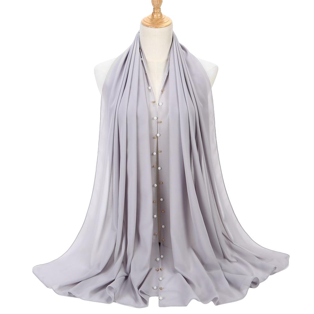 Women's Solid Chiffon Pearl Scarf, Elegant Beaded Hijab Shawl, Muslim Headscarf for Daily/Party