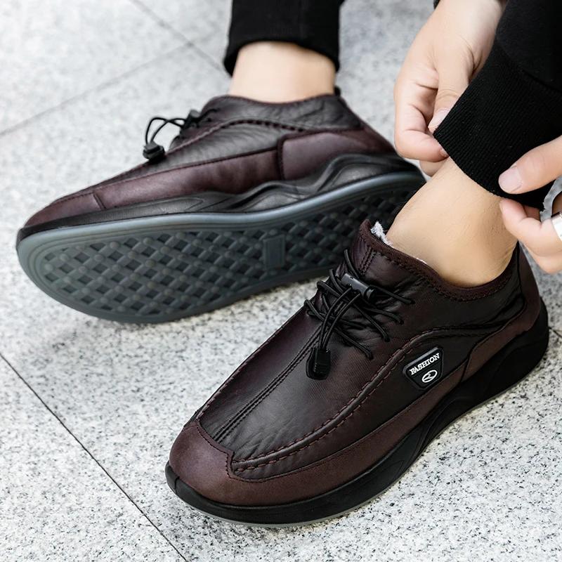 Autumn Winter MEN'S black PU leather plush warm outdoor waterproof cotton shoes chunky male walking hiking trekking sneaker