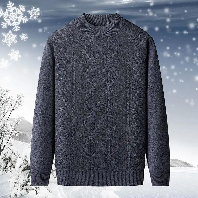 Men's Middle Aged and Elderly New Autumn Winter Crew Neck Sweater Long Sleeve Fleece Lined Thickened Warm Knit Base Layer Top
