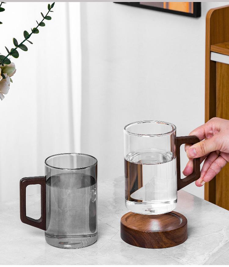 High-Temperature Resistant Tea Cup Set: Thickened Borosilicate Glass with Wooden Pistol Grip Handle