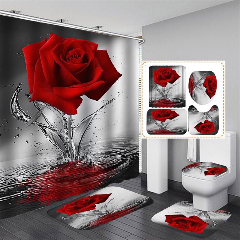20 barev Rose Print 3D sprchový závěs s háčky Vodotěsný Koupelnový závěs Protiskluzová sada podložek do vany Toaletní koberečky Koberec Domácí dekorace