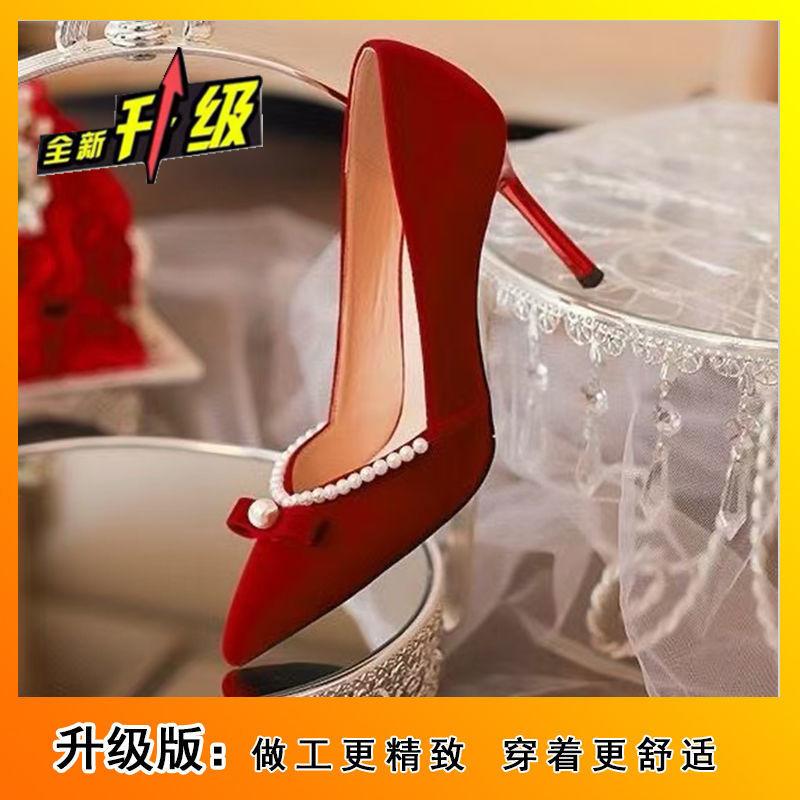 2025 spring and autumn new wedding shoes show clothes wedding dress two wear single shoes bride shoes thin heel pearl red high heels
