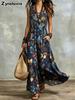 Summer New Printed Temperament Sleeveless Pocket Long Dress Vintage Dress Ready-to-Ship