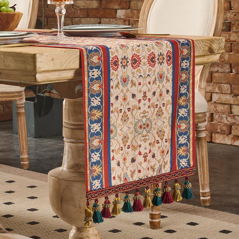 Retro High-end Table Flag Restaurant Waterproof Oil Resistant Table Mat Holiday Home Tea Table Cabinet Jacquard Tassel Wrinkle-resistant Table Runner