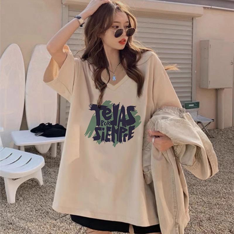 American Retro Hot Girl Top 2024 New plus Size Pure Cotton V-ne T-irt Women's INS Summer round Ne Casual ort Sve