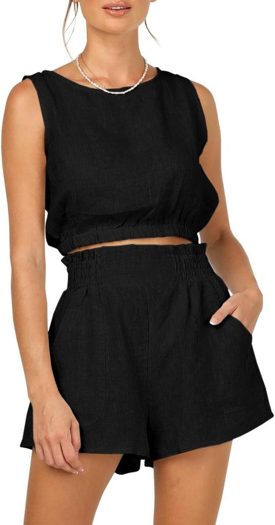 Womens Summer Two Piece Set Sleeveless Crop Tank and High Waist Shorts