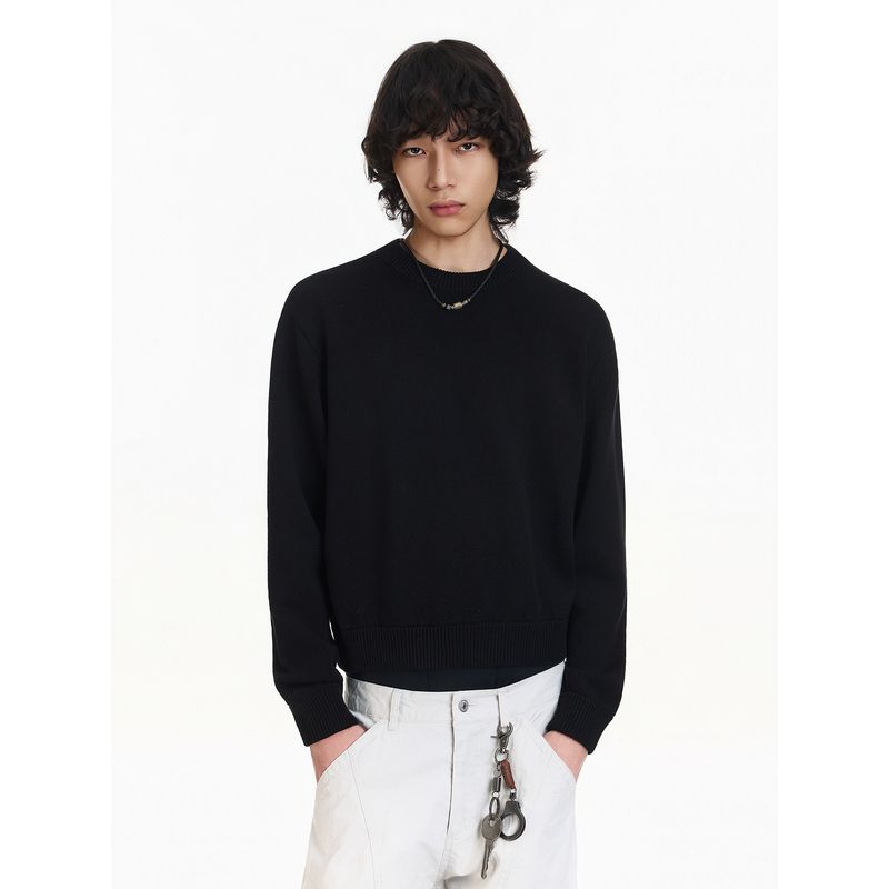 Blaexit American Minimalist Short Sweater for Men, Winter Loose Round Neck Inner Layer, Commuter Black Knit Top