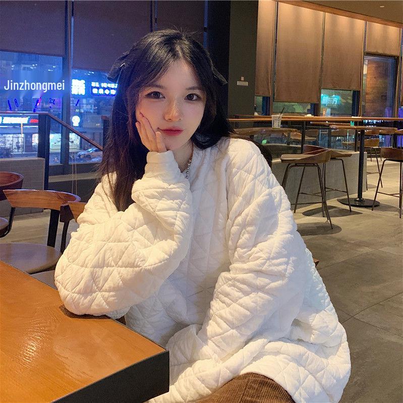 Women's Korean Style Quilted Cotton Sweatshirt - Thickened, Loose Fit, Autumn/Winter Solid Color Bubble Air Top Jacket