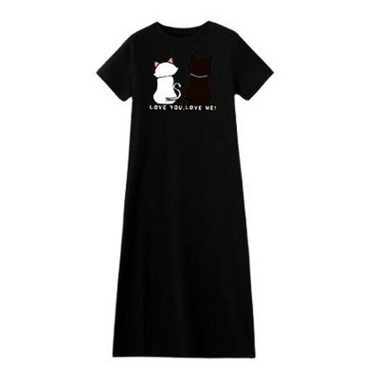 New Summer Black and White Cat Print Slit Dress - Loose, Slimming, Short Sleeve Women's Fashion