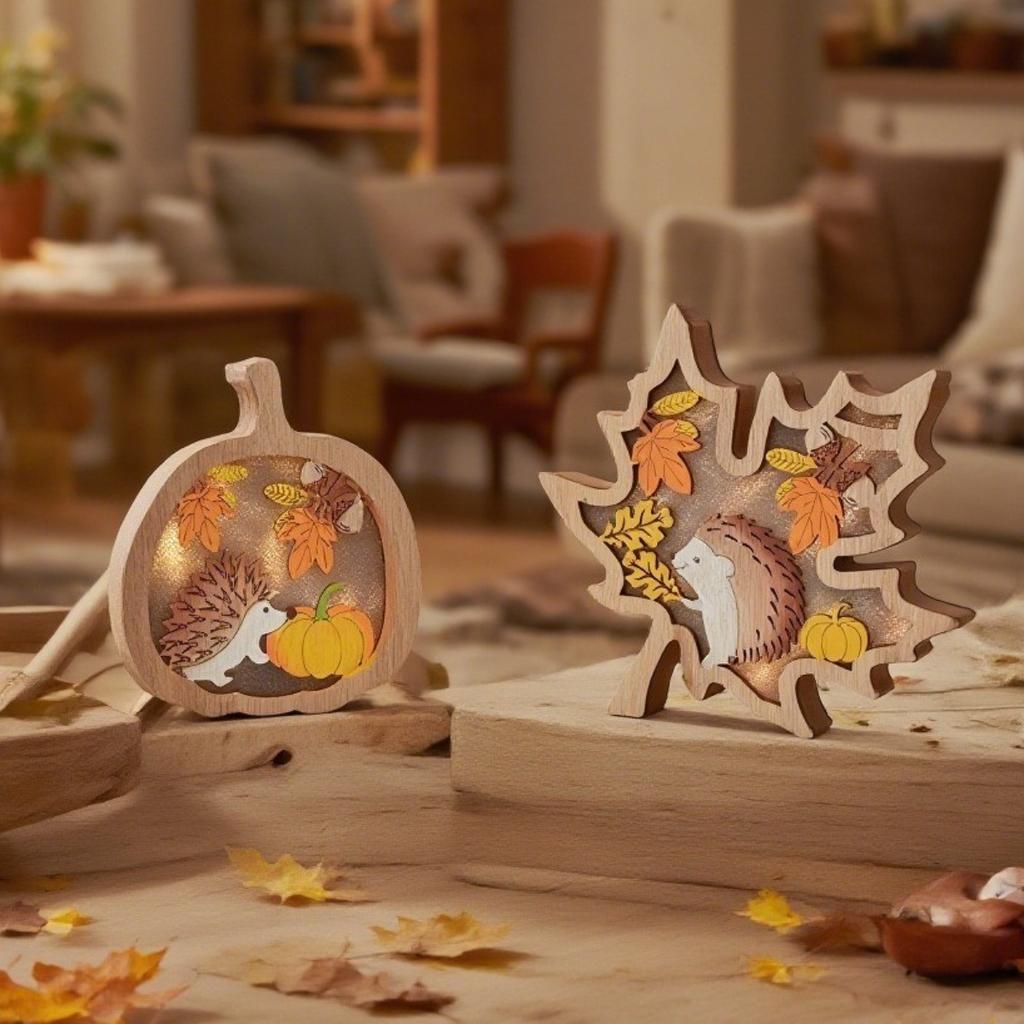 Wooden Pumpkin Decoration, Farmhouse Rustic Style Harvest Festival with Maple Leaf, Tabletop Wood Craft Ornament for Home Decor