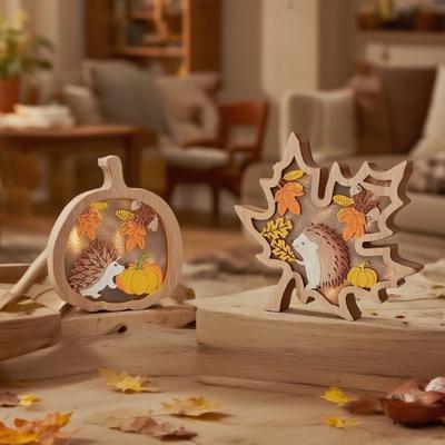 Holz-Kürbis-Dekoration, Bauernhaus Rustikaler Stil Erntedankfest mit Ahornblatt, Tischdeko Holzhandwerk Ornament für Heimdekoration