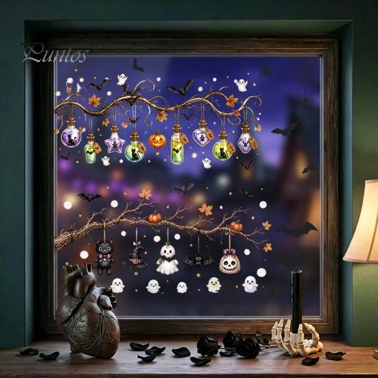 Static Cling Ghost Bat Pumpkin Stickers 2 Sheets Halloween Window Stickers, Spider Web Decals, Spooky Atmosphere Wall Decals Waterproof for