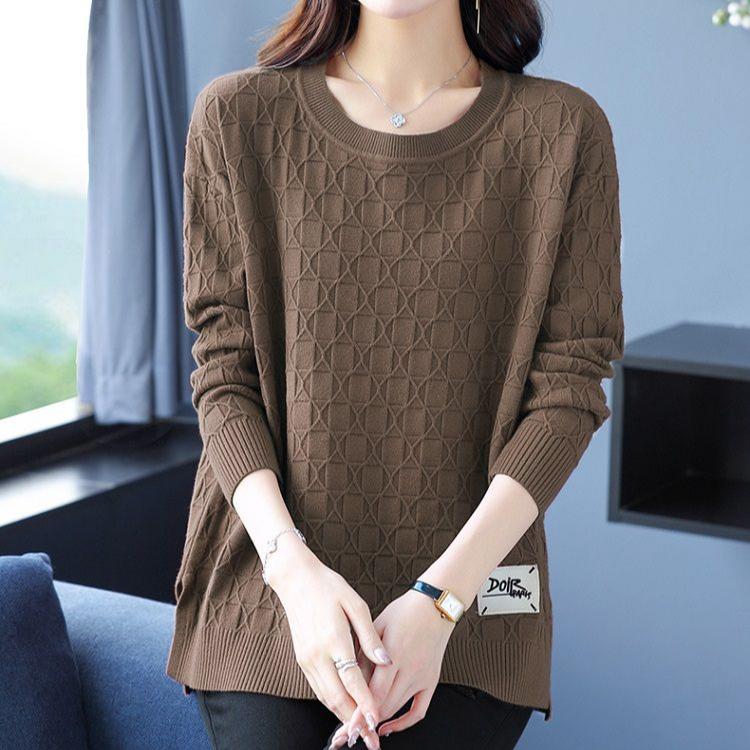 Spring and Autumn Women's Plus Size Knit Sweater Thin Loose Crew Neck Pullover Knitwear Short Slit Stretch Knit Top Jumper