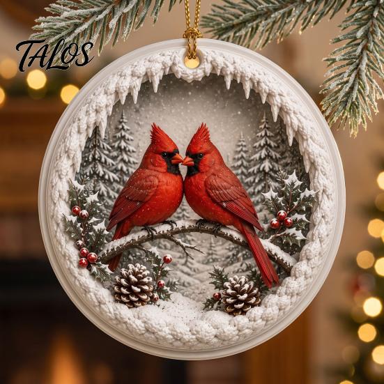 Charming Holiday Tree Accents 2 Pcs Red Bird Christmas Ornaments, 2D Round Acrylic Snowy Scene Classic Keepsake Ornaments Xmas Hanging Decoration for