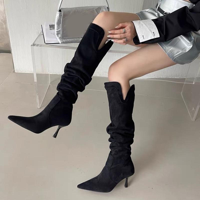 

Уличный стиль, заостренный носок, женские современные ботинки, модные туфли на высоком каблуке, сексуальные длинные ботинки из ретро-замши с морщинистым ворсом 34 чёрный
