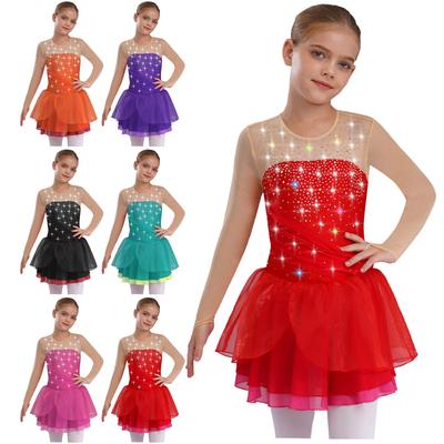 Mädchen Eiskunstlauf Aufführungskostüm Glitzernde Strasssteine Lyrisches Tanzkleid Durchsichtiges Netz Lange Ärmel Tanzbekleidung