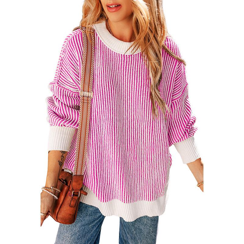 2025 Winter Striped Color Block Sweater for Women – European American Fashion, Warm Loose Versatile Knit Pullover